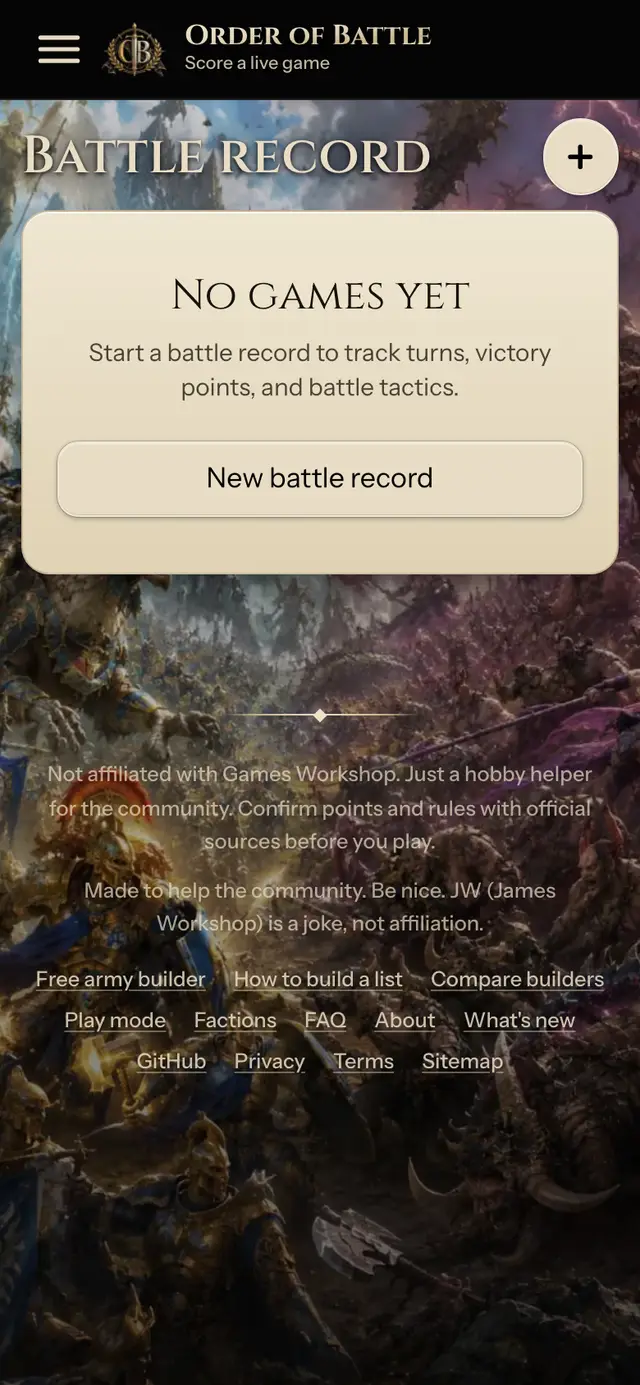 Battle record screen with no games yet and a New battle record button