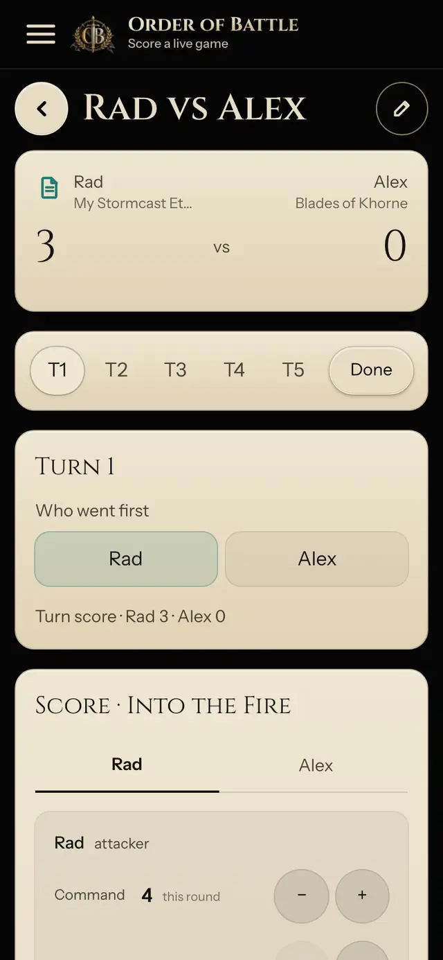 Battle record scoreboard for Rad vs Alex with turn 1 scored