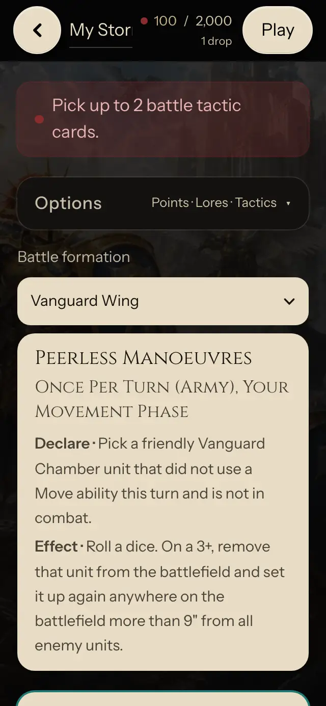 Saved Stormcast Eternals list in the builder with the Play button at the top right